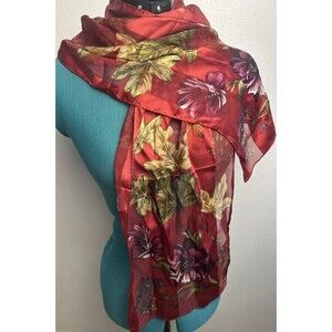 Echo Floral Rectangular Scarf Red Sheer Botanical Lightweight Wrap Vintage